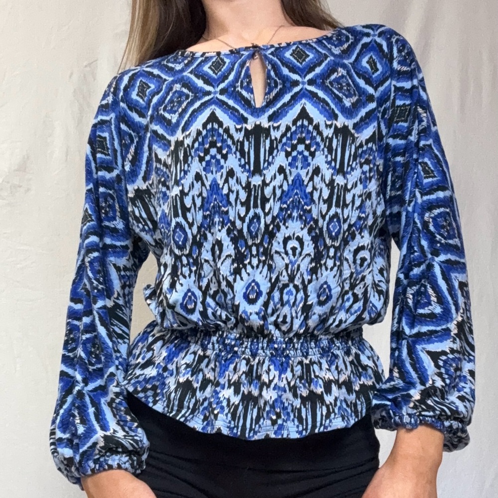 Blue Patterned Long-Sleeve Blouse - Women